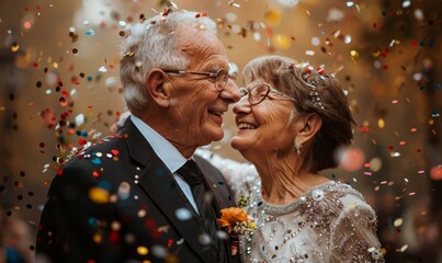 Candid senior couple renewing their vows at their wedding day