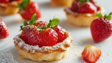 Delicious strawberry pastry on a white surface