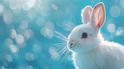 Obraz premium Adorable White Rabbit with Blue Bokeh Background