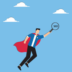 SEO search engine optimization to boost website ranking on search result page, marketing strategy to drive more traffic to website concept, businessman superhero flying high with SEO search box