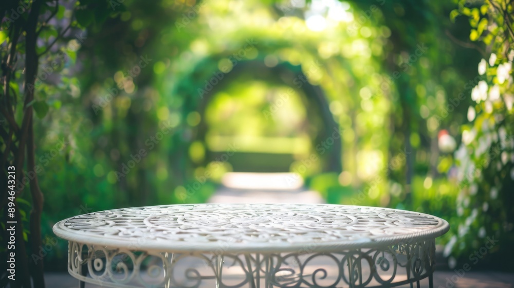 Poster a white, ornate table sits in the middle of a garden with a lush green archway in the background.