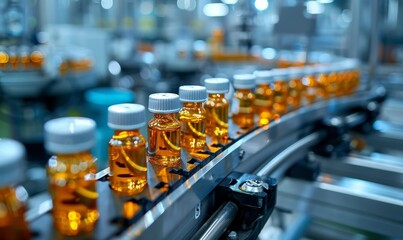 Obraz premium Medical vials on production line at pharmaceutical factory, Pharmaceutical machine working pharmaceutical glass bottles production line