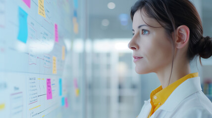 Business woman studies a detailed project plan on a whiteboard filled with colorful sticky notes and diagrams in a modern office setting.