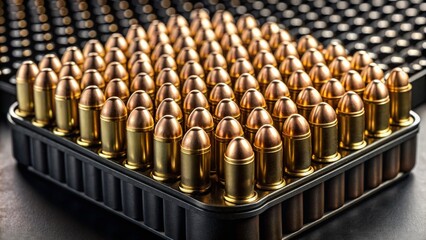 Arrangement of 9mm bullets on a black ammunition container, with rounds neatly stacked and aligned, showcasing deadly precision and firepower in a stark setting.