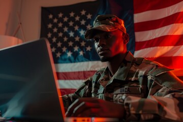 A Black American military man working on a laptop in an office with a USA flag. Vibrant colors and light in the image, captured with a 35mm lens at an f/2 aperture setting.