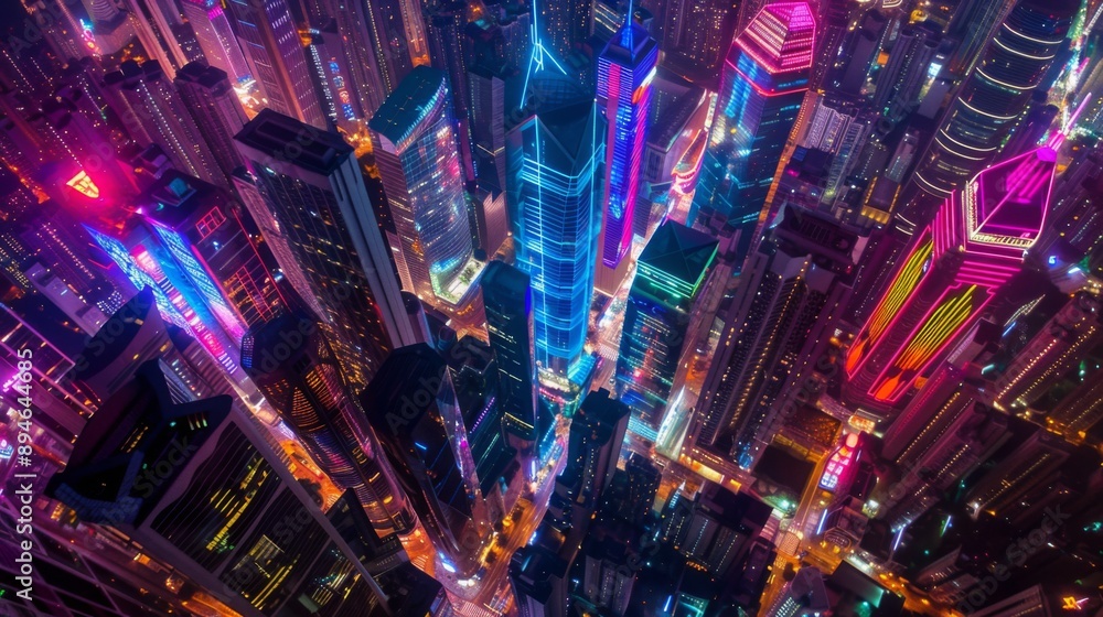 Aufkleber aerial view of skyscrapers lit up in different colors during a festive night event in the city.