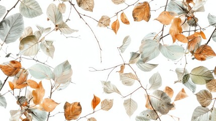 Green and dry leaves on white wallpaper, isolated background