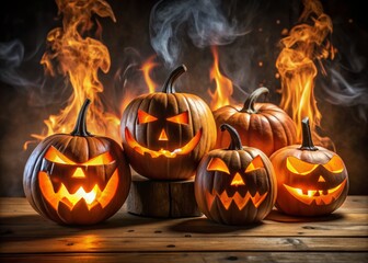 Eerie glowing pumpkin carvings with sinister flames and menacing faces sit atop a wooden table, illuminated against a dark and ominous Halloween background.