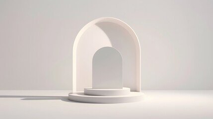 Minimalistic display pedestal with an arch design, ideal for showcasing products or art in an elegant setting.