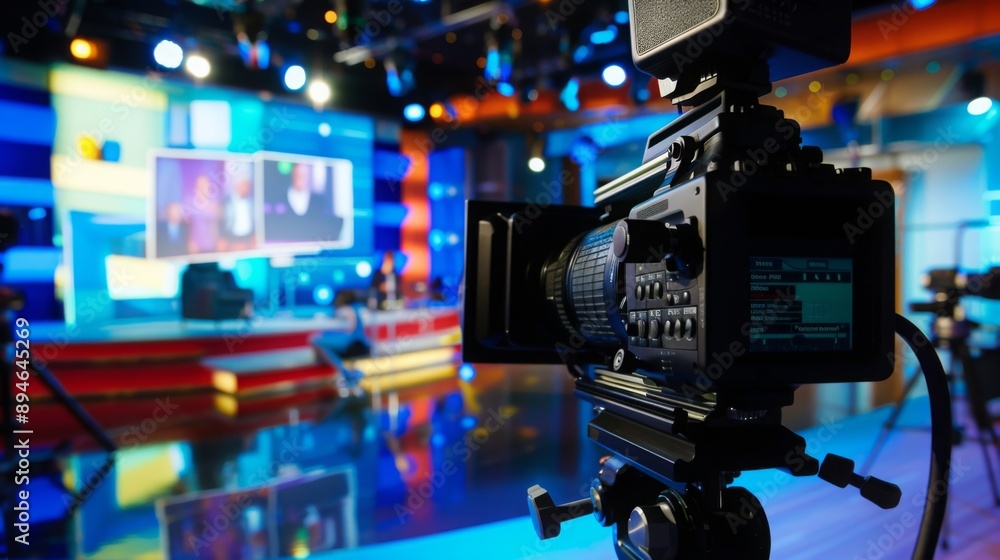 Poster A professional camera is positioned on a tripod in a television studio, focused on a blurred background with a screen displaying a news segment.