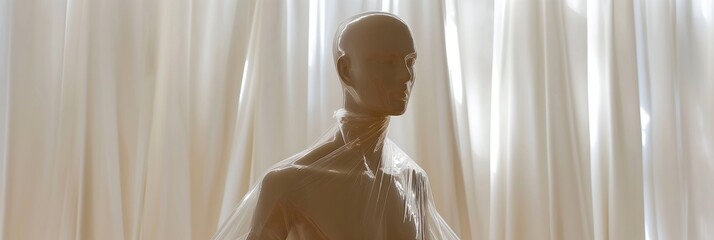 A mannequin is standing in front of a curtain. The mannequin is covered in plastic and is wearing a white dress. The curtain is white and is partially open, allowing light to shine through