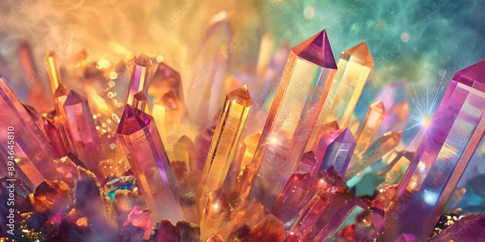 Poster a colorful image of many different colored crystals. the crystals are arranged in a way that creates