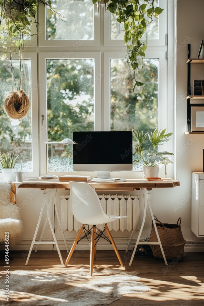 Poster a computer desk with a white chair and a black computer monitor. the desk is in a room with a window