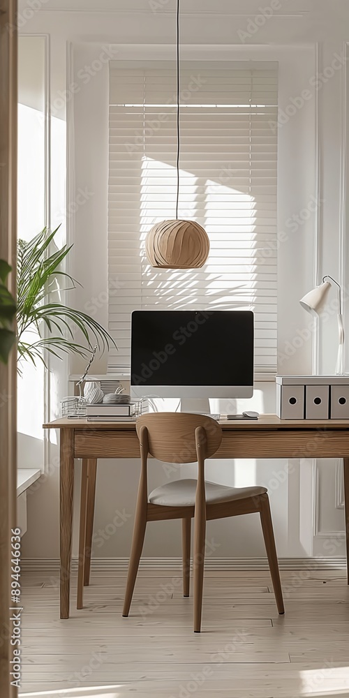 Poster a desk with a computer monitor and a lamp. the desk is in a room with a window and a potted plant