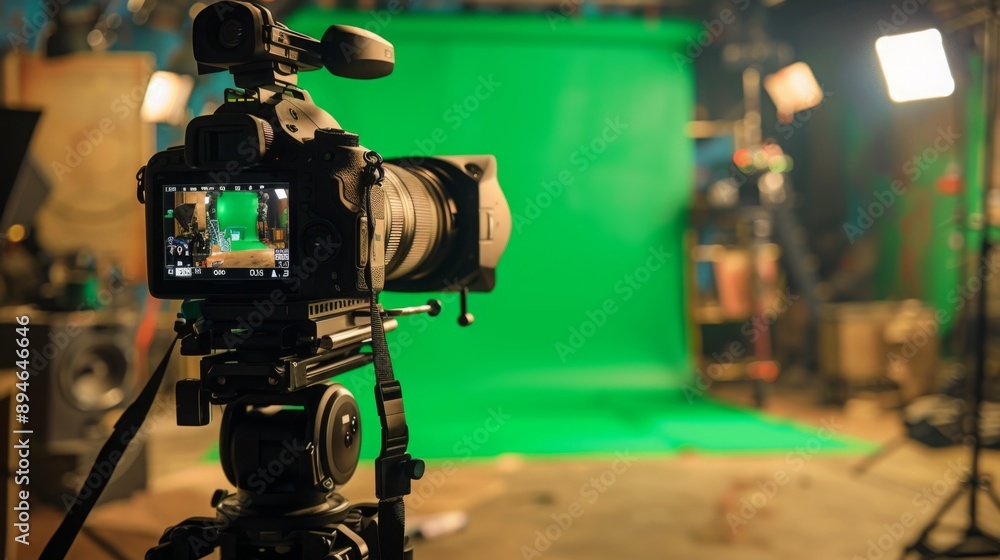 Poster a professional video camera is set up on a tripod in front of a green screen. the camera is focused 