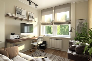 A small room with a desk, chair, and couch. The room has a modern design with a white chair and a black desk. The couch is brown and has pillows on it. There is a potted plant in the room