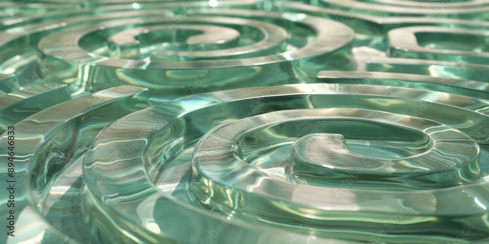 Poster a series of circles made of glass, with a blue hue. the circles are arranged in a spiral pattern, cr