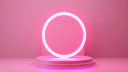 Obraz premium A modern pink neon circle display on a minimalist podium, perfect for showcasing products or art with a vibrant aesthetic.
