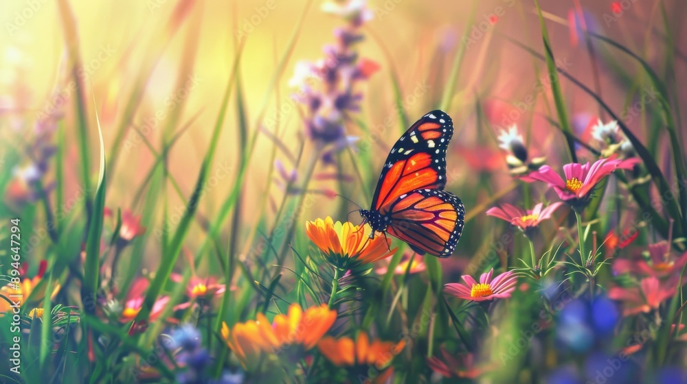 Poster close-up of a butterfly resting on colorful wildflowers in a meadow surrounded by tall green grass.