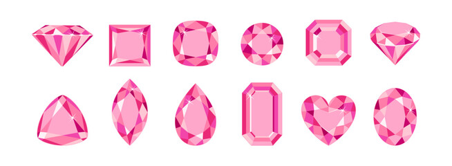 Pink gemstones of different shapes isolated on white background. Diamond or sapphire crystals set. Vector cartoon flat illustration.