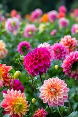 Fototapeta premium Close Up of Pink and Orange Dahlias in a Garden