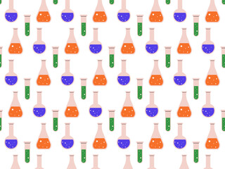 Seamless pattern of colorful chemistry flasks for educational backgrounds. Laboratory glassware repeating design for science-themed decor