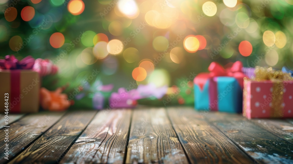 Poster a wooden table sits in front of a blurred background of colorful christmas lights and a christmas tr