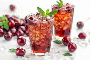 tall glass of  cherry iced tea to go ,summer drink, iced tea white background