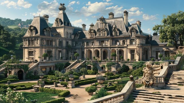 A grand estate with a Chateauesque architectural style