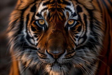 Fototapeta premium Close-up of the intense gaze of a majestic Bengal tiger with vibrant orange and black stripes. Mocha Mousse - Color of the Year 2025