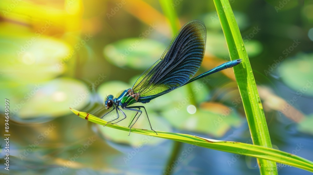 Aufkleber close-up of a damselfly perched on a reed by a pond, with intricate wing patterns visible.