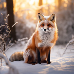 Fototapeta premium Serene Red Fox in Snowy Forest with Soft Golden Light