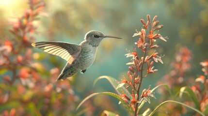Obraz premium Close-up of a hummingbird hovering near a flower, with wings frozen in mid-flight.