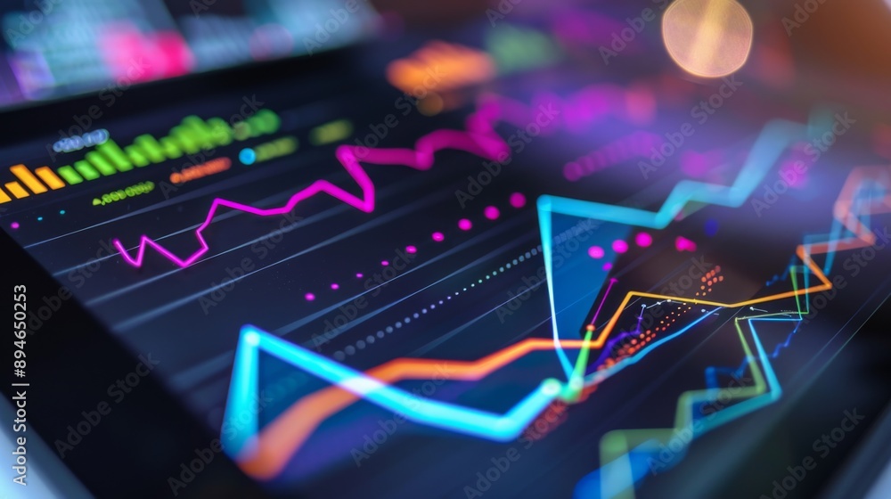 Poster close-up of a line graph on a digital tablet screen, showing financial trends with colorful lines.