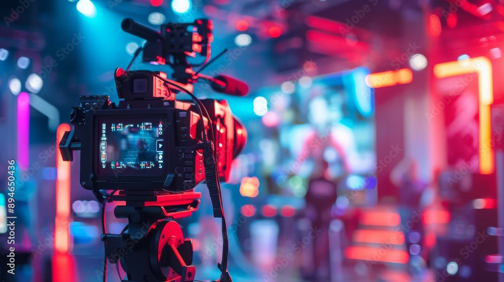 Poster A professional camera is set up in a brightly lit studio, ready to record a live event.
