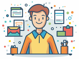 Vector illustration of man working in office. Flat line style design
