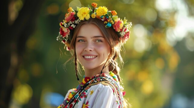 smiling young ukrainian woman wearing traditional clothes