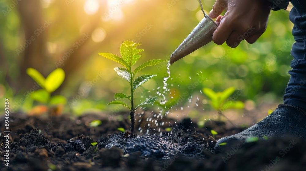 Poster close-up of a person watering a small tree sapling, symbolizing efforts to combat deforestation and 