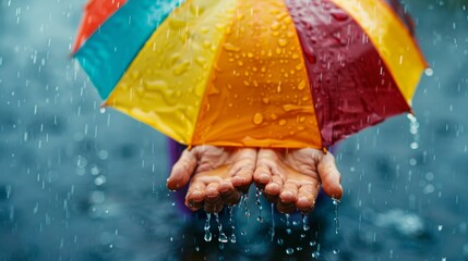 Catching Raindrops: A vibrant rainbow umbrella shelters hands reaching for the falling rain, embracing the magic of a rainy day.  