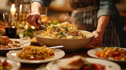 Obraz premium Close-up of a person serving pasta from a large ceramic bowl onto individual plates for a family meal.