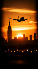 NYC Sunset Arrival: Airplane soars over the iconic New York City skyline at sunset, casting a warm glow on the urban landscape. 