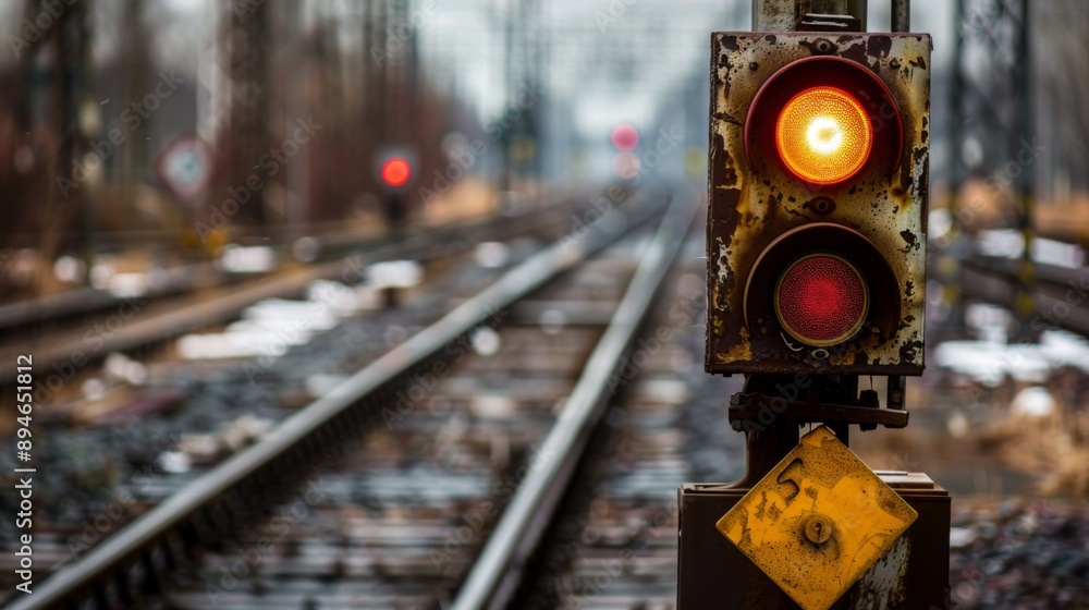 Poster Close-up of a semaphore signal pole on a railway track, showing a clear indication for train traffic.