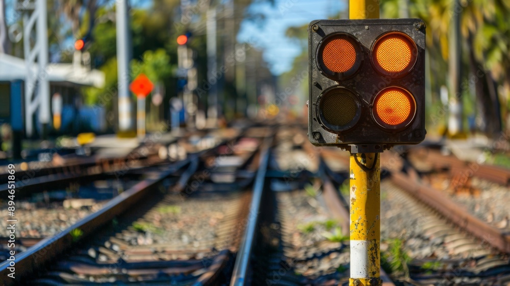 Aufkleber close-up of a semaphore signal pole on a railway track, showing a clear indication for train traffic