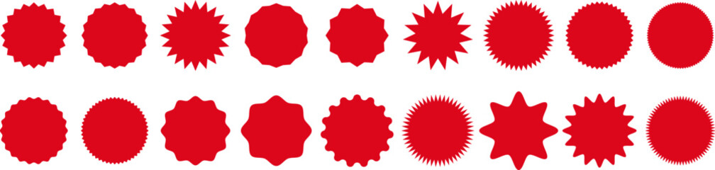 Starburst sticker set . Flat vector design elements red color. Vector illustration star blank label, stickers emblem on white background for promo offer sales coupon, banner. Vector sticker EPS 10