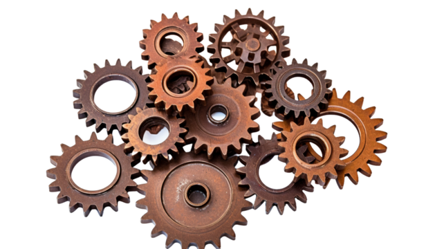 Metal cog wheels bonding together on transparent background.

