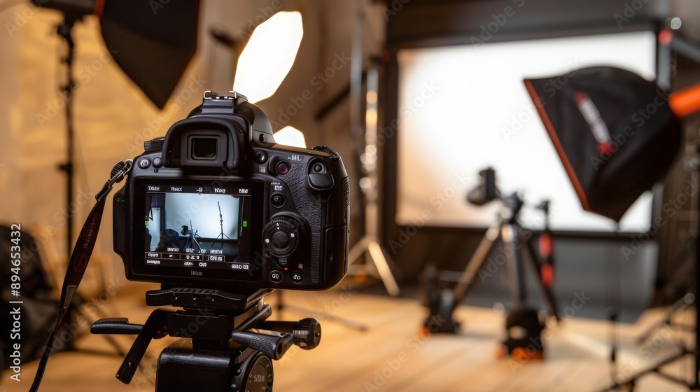 Poster A camera on a tripod is positioned in front of a white backdrop with lighting equipment behind it.