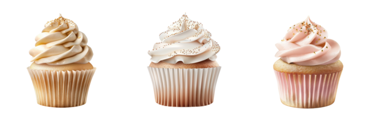 Three delightful cupcakes with swirled frostings, perfect for celebrations, parties, or dessert photography.