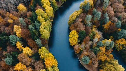 Autumn's Embrace: A Serpentine River Winds Through a Vibrant Forest Canopy