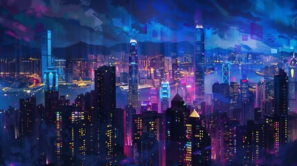 Obraz premium A night cityscape of Hong Kong, China, featuring its iconic skyscrapers illuminated against the dark sky.