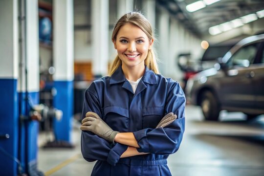 Young woman stands confidently wearing a professional mechanics uniform, cut out